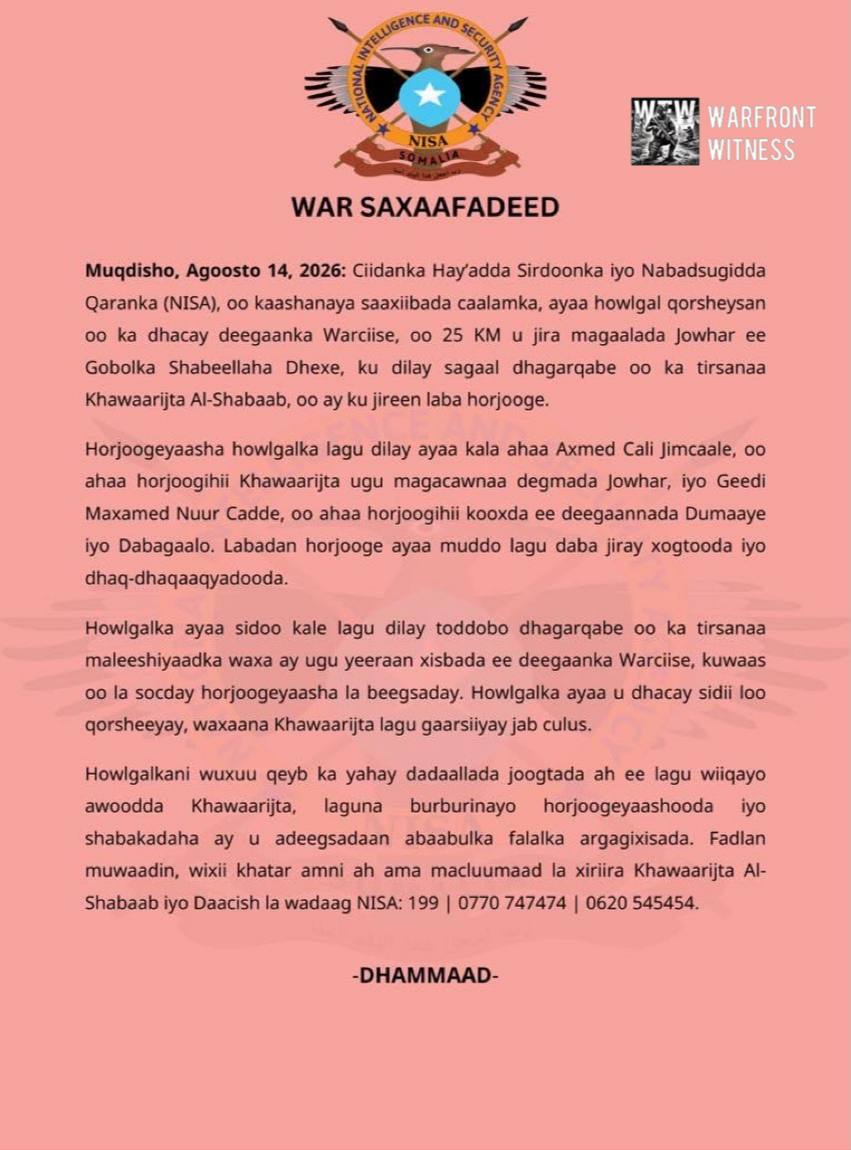 Source imagery accompanying the briefing: Somalia NISA operation kills nine Al-Shabaab in Warciise