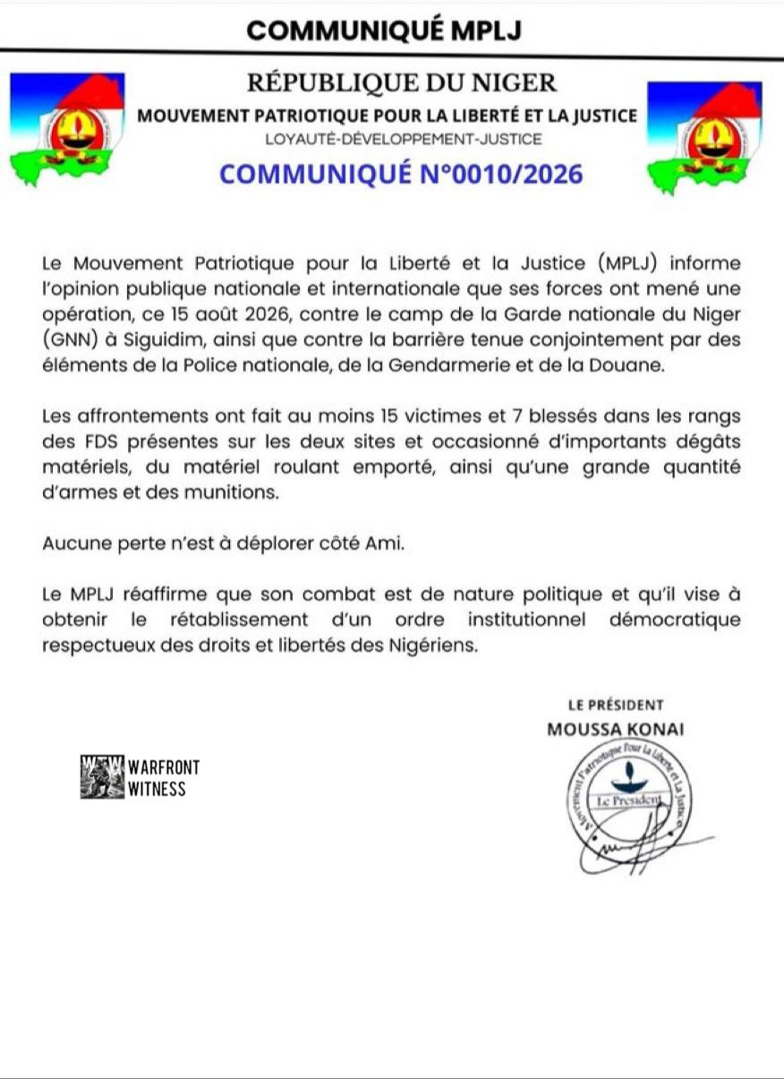 Source imagery accompanying the briefing: Niger MPLJ Operation Kills 15 Security Forces in Siguidim